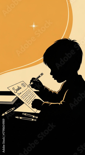 Silhouette of a young boy diligently writing a letter at his desk.