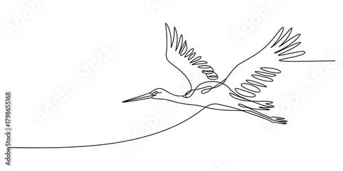 Continuous line drawing of a flying stork, elegant minimalist bird