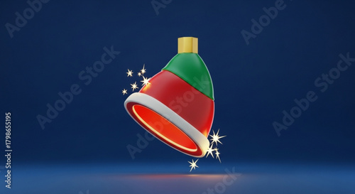 A festive 3d rendering of a christmas bell ornament, featuring red, green, and white stripes, sparkling against a deep blue backdrop, evoking holiday cheer