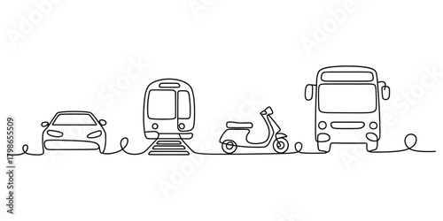 Continuous line art drawing of diverse urban transport vehicles