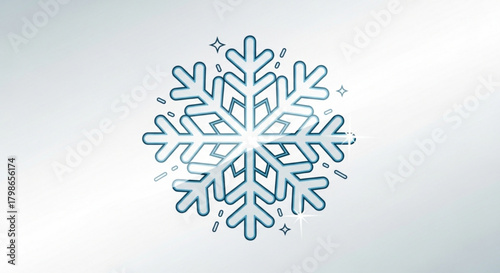 Illustration of a single snowflake with a light blue outline and sparkles on a isolated on for winter or holiday themes