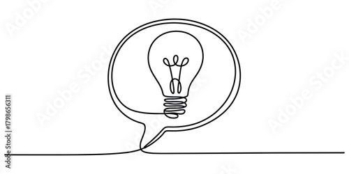 Continuous line drawing of a lightbulb in a speech bubble concept