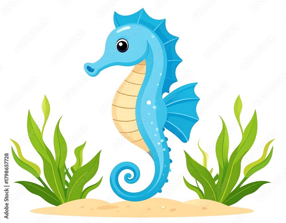Fototapeta premium Blue seahorse in underwater scene with seaweed and sand for kids illustration