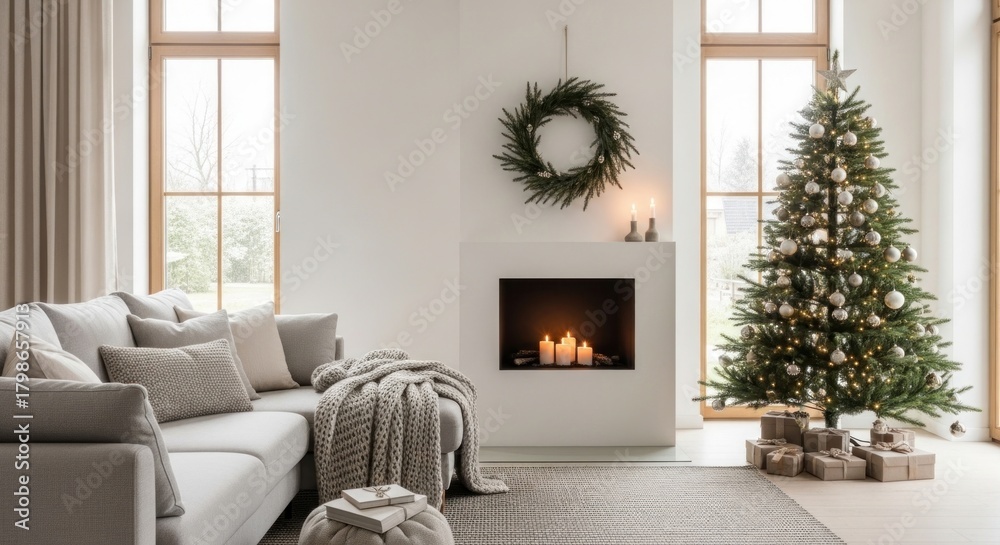 Fototapeta premium Cozy Living Room with Christmas Tree and Fireplace.