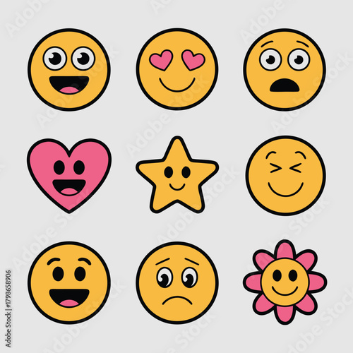 A collection of nine expressive emoji faces, each conveying a different emotion, including happiness, love, surprise, heart eyes, star eyes, wink, joy, sadness, and flower smile