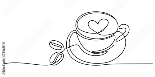 One line drawing of a coffee cup with heart latte art design