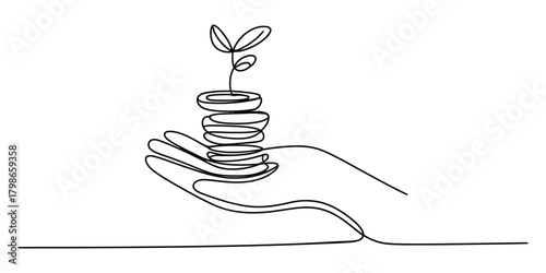 Hand holding money stack with plant symbolizing financial growth