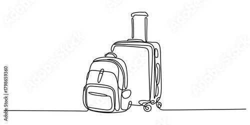 Continuous line art drawing of a travel suitcase and backpack.