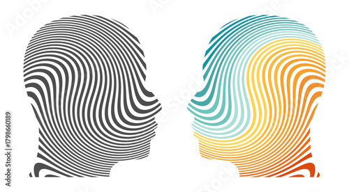 Neurodiversity in men. Logic. Thinking brain. Brainstorming. People with different skills, mindsets or psychological features. Abstract human head profile. Differences in personality characteristics.