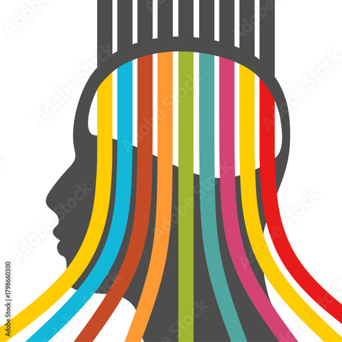 Thinking process. Colored lines from human head. Business solution, possible idea variant, various flexible What If problem solving ways. Intelligence and knowledge development with brain performance.