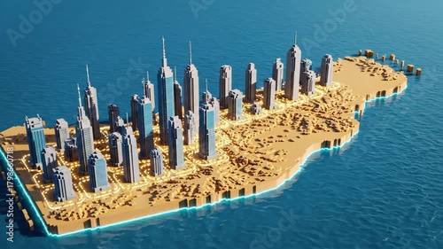 Cityscape island 3D render with ocean.