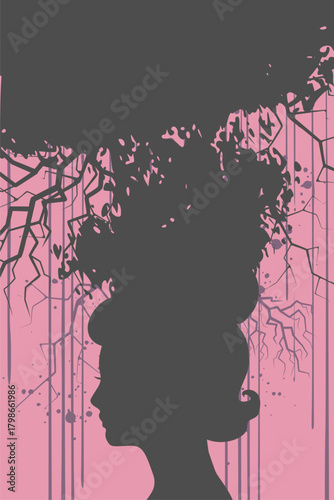 Psychotherapy, stress and psychosis. A depressed state of a person. Upset girl with her head fuming feeling sad, psychological and mental troubles. Suffering from bad relationship or break up.