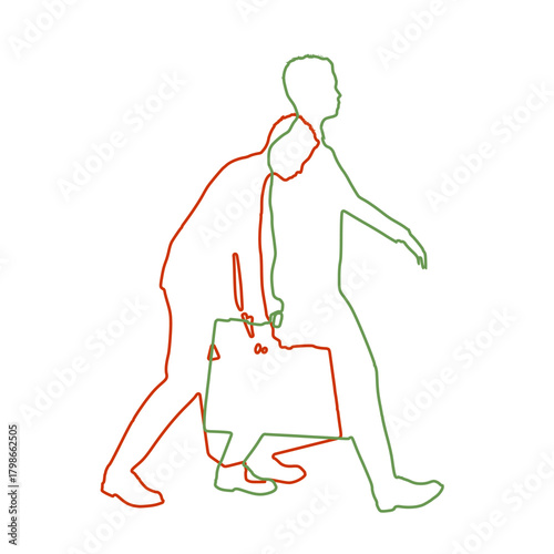 Difference between energy and mood level. Businessman in two versions tired and active. Ready to work and burnout comparison. Businessmen walking with briefcase.