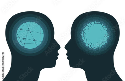Metaphor bipolar disorder mind mental. Split personality. Concept mood disorder. Two head silhouette. Psychology and mental health. Dual personality concept.