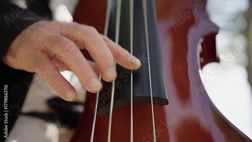 Jazz musician performs soulful double bass melodies outdoors in sunlight