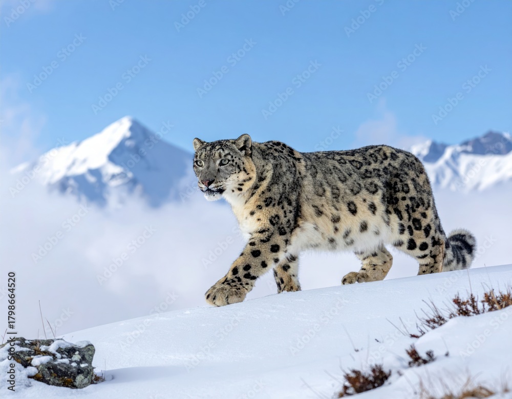 Fototapeta premium A majestic snow leopard walks across a snowy landscape