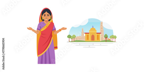 Welcoming South Asian Village Woman in a Traditional Sari Standing
