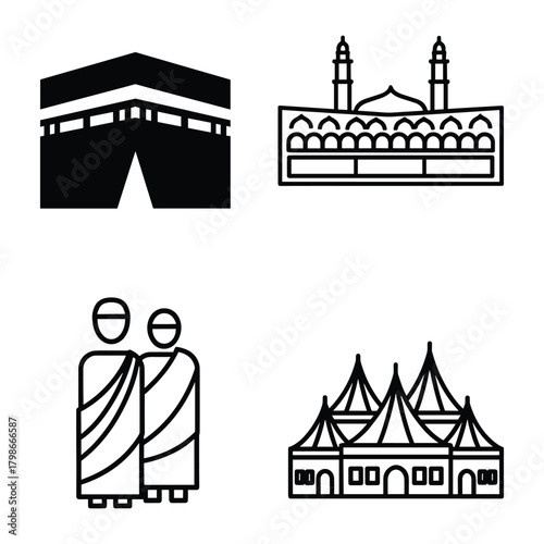 Islamic culture vector illustration featuring mosque Kaaba Hajj and traditional building