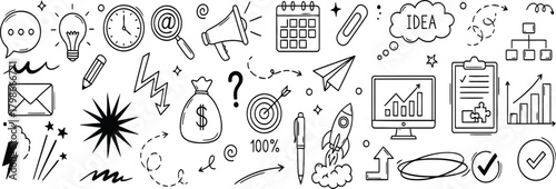 Collection of hand drawn business and finance icons and symbols in a doodle style