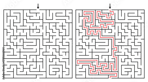 21 by 21 Orthogonal Rectangular Maze Game for Adults - Simple and Easy Maze Game Flat Vector Black and White Outline Illustration - Problem Solving Game kdp.