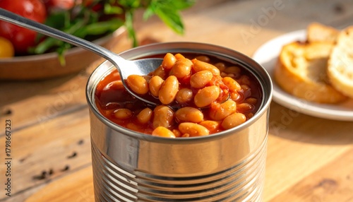 Beans in tomato sauce with spoon.