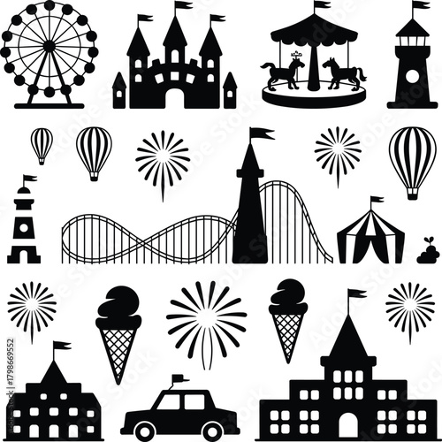 Amusement park icon set, black silhouettes of funfair elements, including roller coaster, ferris wheel, carousel, castle, fireworks, hot air balloon, and ice cream.