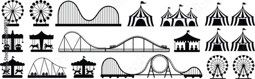 Amusement park icon set, black silhouettes of funfair rides, including roller coasters, ferris wheels, carousels, and circus tents, vector collection isolated on white.