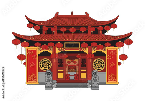 Traditional red Chinese temple with lanterns and guardian lions.