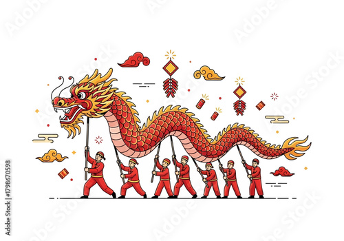 Vibrant illustration of a traditional Chinese dragon dance performance.