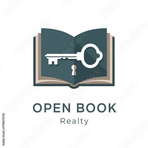 Open Book Realty logo with a key and a small keyhole on an open book.