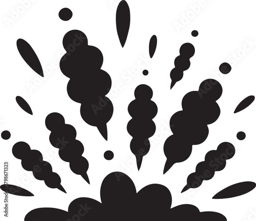 Abstract vector graphic depicting numerous small black powder particles suspended in a dynamic cloud formation