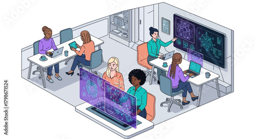 Women Innovating with Data and Futuristic Technology in Modern Office
