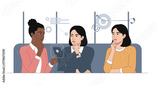 Diverse Businesswomen Collaborating and Strategizing with Data Illustration