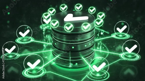 Cybersecurity Fortress: A digital data server, fortified with a network of checks, symbolizing a secure and reliable digital environment.