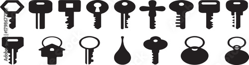 Assorted keys in a dark silhouette vector illustration representing concepts of access security and locking