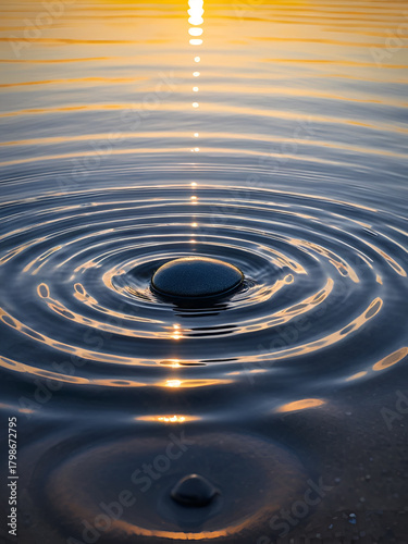 A pebble dropped into still water, creating ripples at sunset.