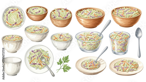 A collection of fresh coleslaw servings in various bowls, plates, and containers, some garnished with parsley, alongside a spoon and fork.