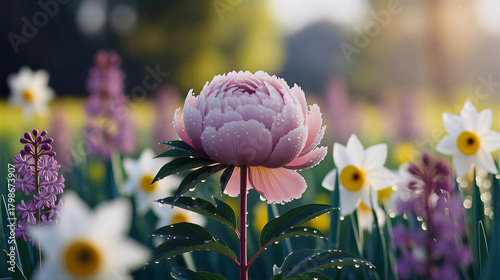 Spring Peony Flower with Dew Drops in Vibrant Garden