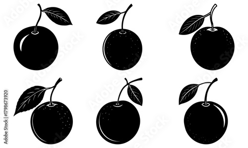 Illustration featuring six plums each attached to a stem with a leaf in a black and white design