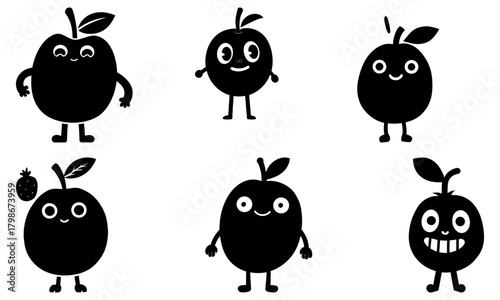 Collection of cartoon plums with various expressions and poses in black and white illustration style