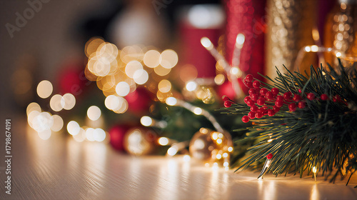 Blurred Christmas Bokeh Lights with Pine Branch and Red Berries Decoration