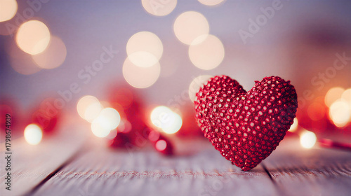 Romantic Red Heart with Soft Bokeh Light on Wooden Surface