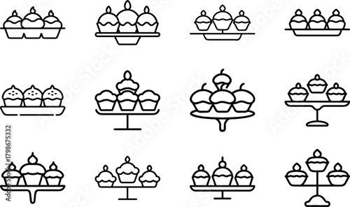 Food and Drink Line Icons Set – Bakery, Cooking, Desserts, Beverages, Seafood, Fruits, Kitchen Essentials, and Restaurant Outline Symbols for Menu Design and Branding