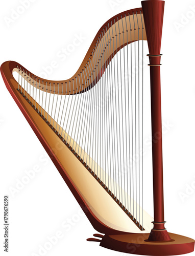 An elegant, classical wooden concert harp with numerous strings, isolated on a plain white background.