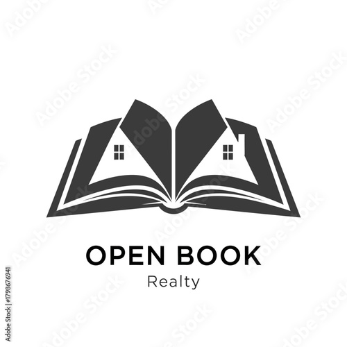 Open Book Realty Logo with House Silhouettes Representing Real Estate.