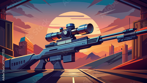 Modern sniper rifle with scope against a vibrant sunset cityscape