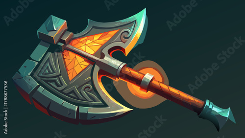 Fantasy battle axe with glowing orange and blue elements