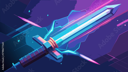 Glowing magical sword with neon blue and pink energy