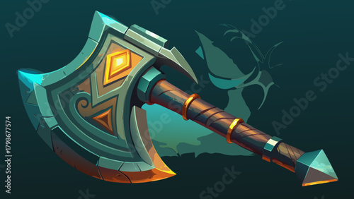 Stylized fantasy battle axe with ornate carvings and glow