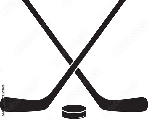Two crossed hockey sticks and a single puck silhouette on white background Keywords: hockey, ice